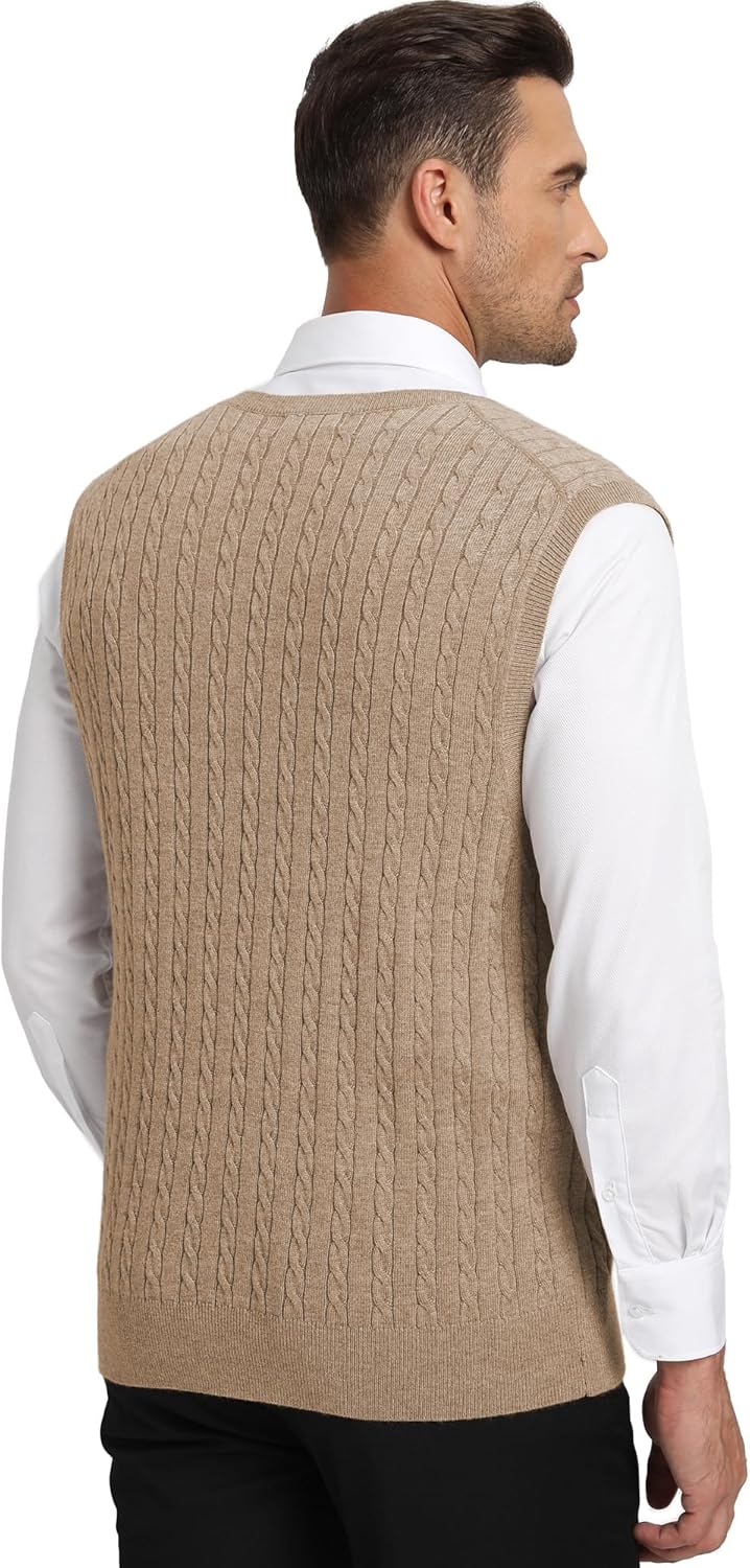 Kallspin Herren Strickweste Pulunder Ärmellos Zopfstrick V-Ausschnitt aus Wollmischung XL Tall Kaffe