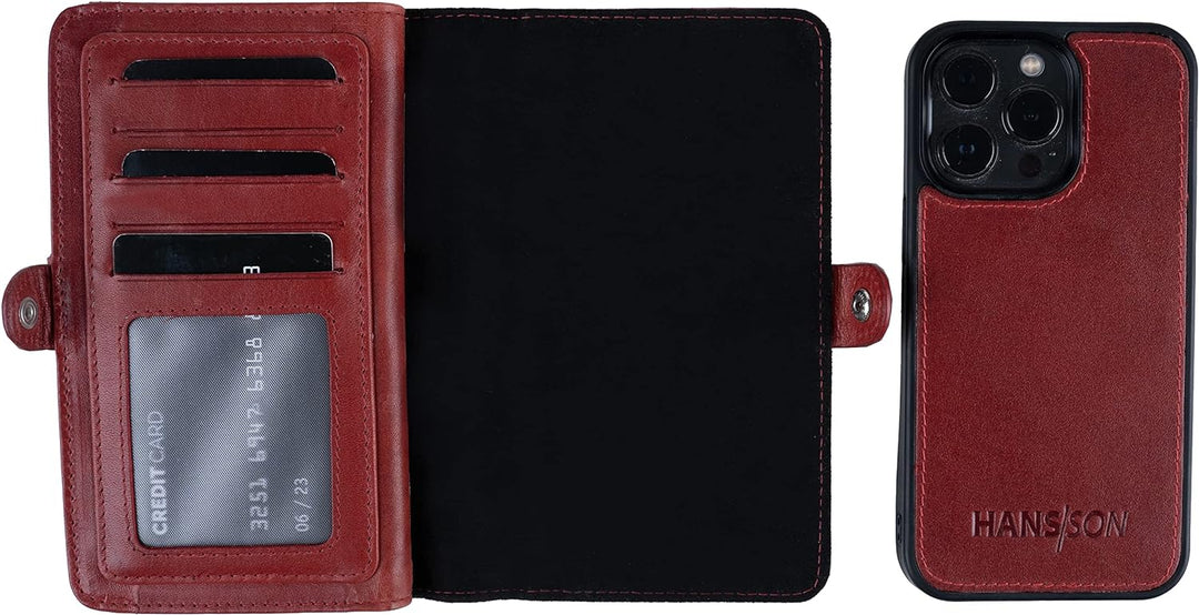 HANS/SON iPhone 13 Lederhülle mit Geldbörse | 2-in-1 Handyhülle in Rot aus Echtleder | iPhone 13 Led