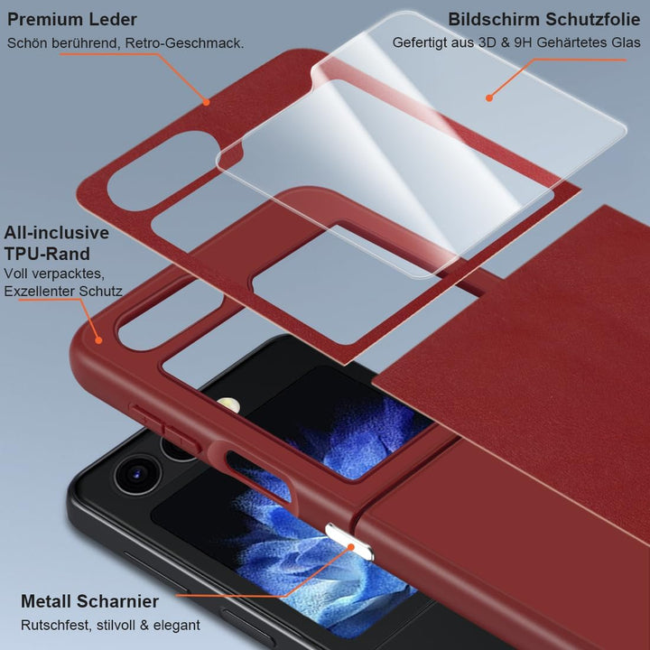 KEZiHOME Handyhülle für Galaxy Z Flip 5 Hülle, Echtleder Flip Z 5 Cover [Kamera&Display Schutzfolie]