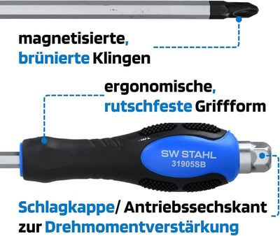 SW-Stahl S7891 Schraubendrehersatz Schlagfest 12-teilig I Schlitz & Kreuz I Schraubendreher Werkzeug