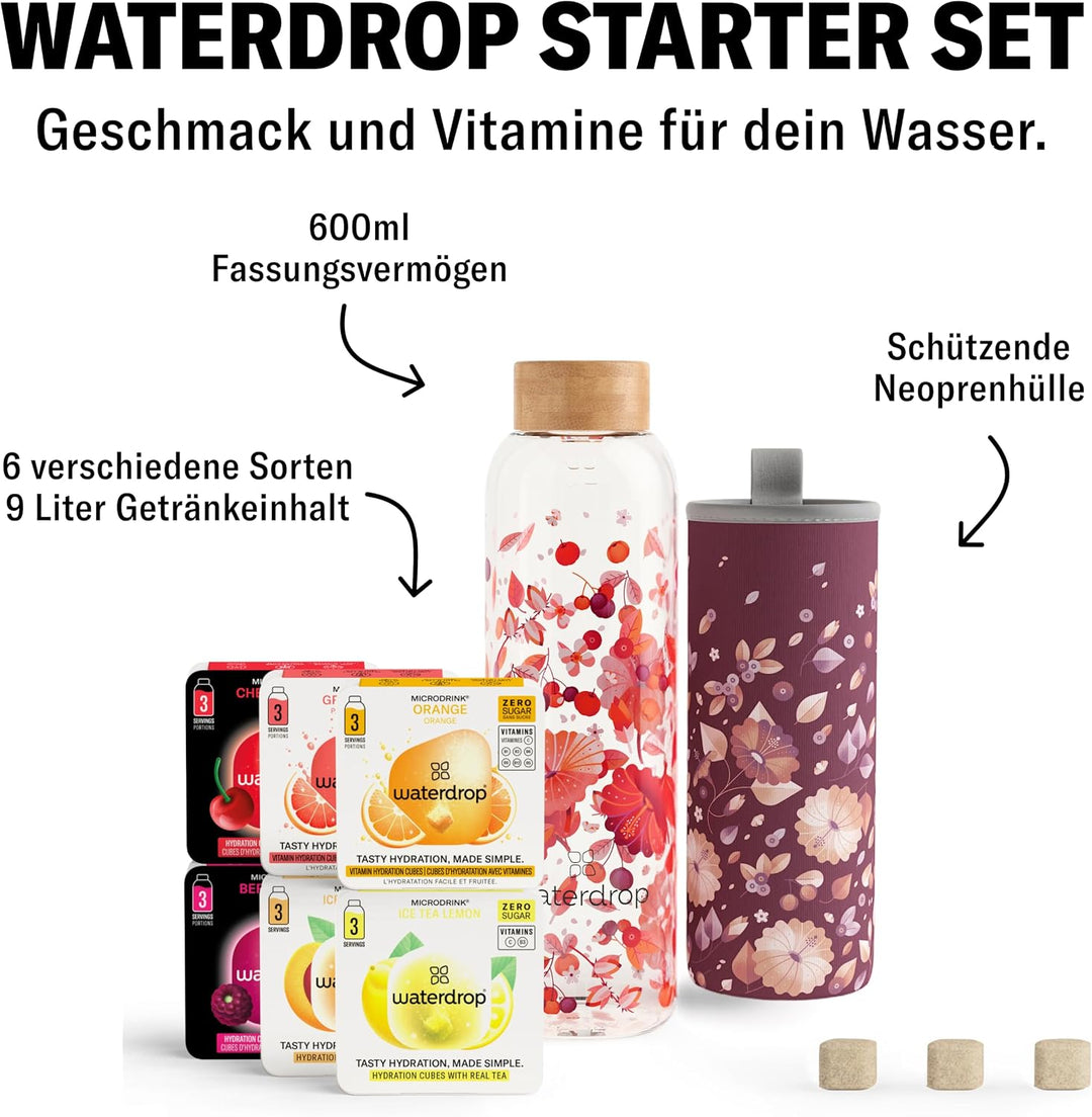 waterdrop® Flasche aus Glas 600ml inkl. 18 zuckerfreie Drops - Geschenk für Frauen - Probierpaket mi