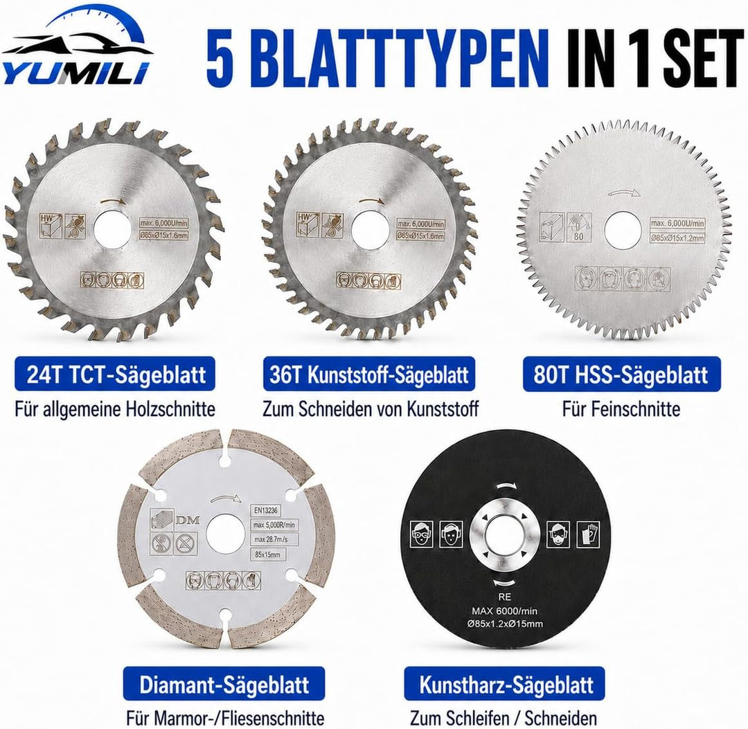5 Stück 85 mm Hartmetall Sägeblatt, Innendurchmesser 15 mm Mini Hartmetall Kreissägeblatt für Schnei