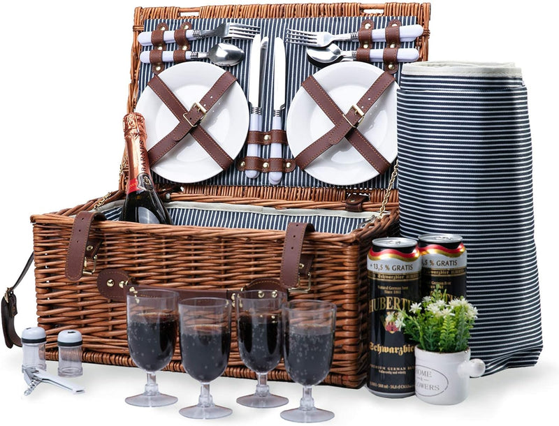 Weidenkorb Picknickkorb für 4 Personen mit Isoliertem Kühlfach und Wasserdichter Decke|Willow Hamper