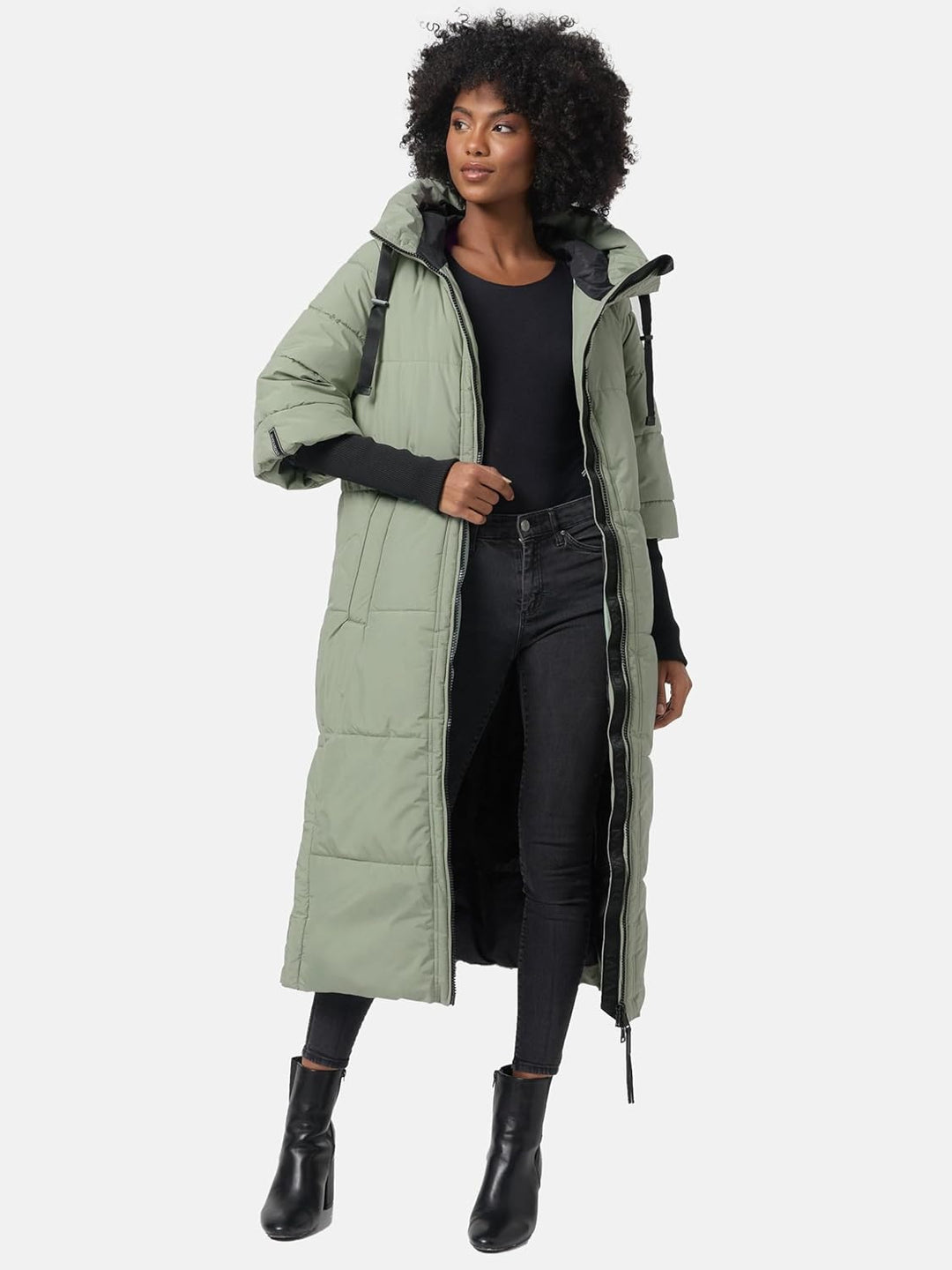 Navahoo Damen Langer Wintermantel Warmer Steppmantel mit Kapuze und Rippstrickärmeln Ciao MIAU XIV X