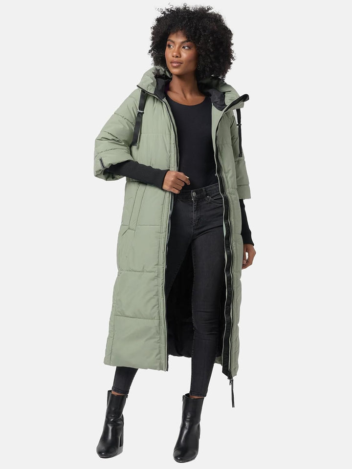 Navahoo Damen Langer Wintermantel Warmer Steppmantel mit Kapuze und Rippstrickärmeln Ciao MIAU XIV X