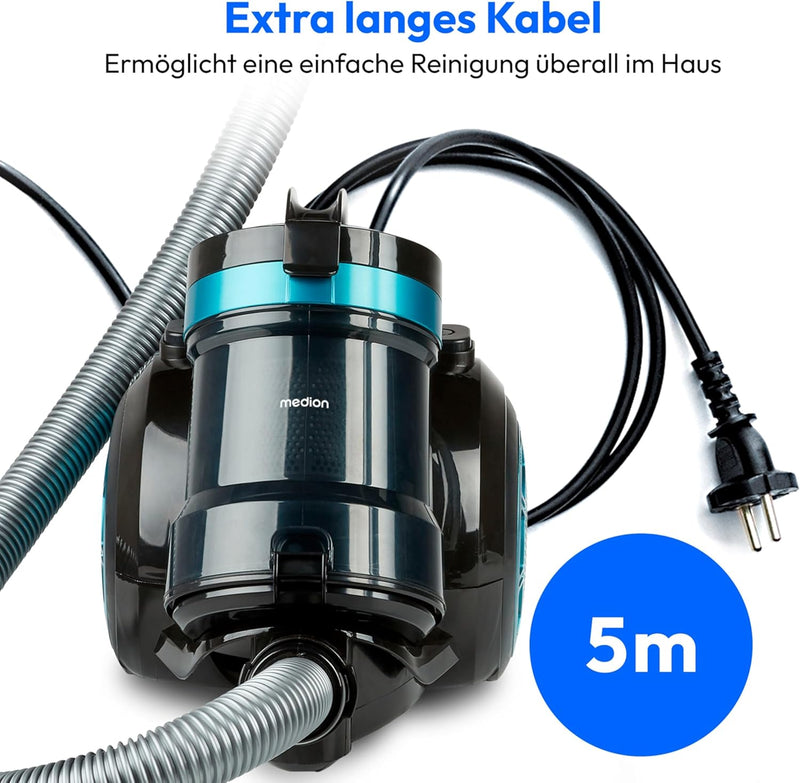 MEDION Zyklon-Staubsauger 800 Watt Leistung, 2 Liter Staubbehälterkapazität, 5 m Arbeitsradius, wasc