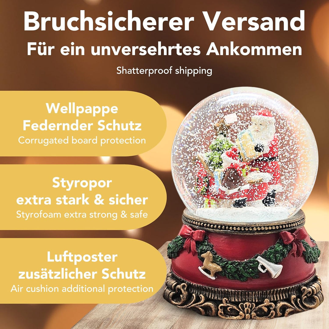 Schneekugel Weihnachten Spieluhr | Christmas Shopping | Weihnachtsmann mit Schlitten und Engel | Soc