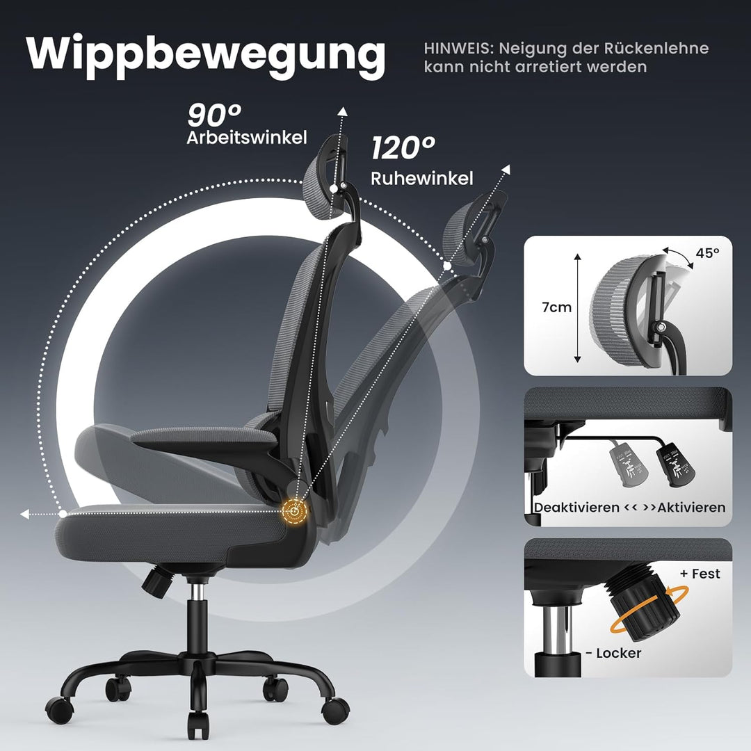 rattantree Ergonomischer Bürostuhl, Schreibtischstuhl mit Verstellbarer Kopfstütze und Armlehnen, C-