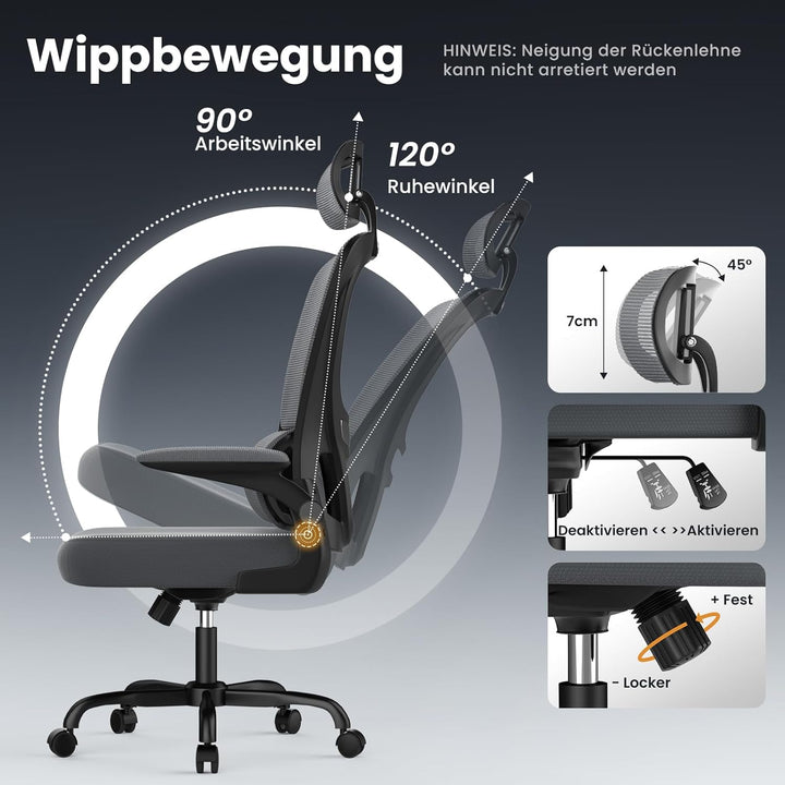 rattantree Ergonomischer Bürostuhl, Schreibtischstuhl mit Verstellbarer Kopfstütze und Armlehnen, C-