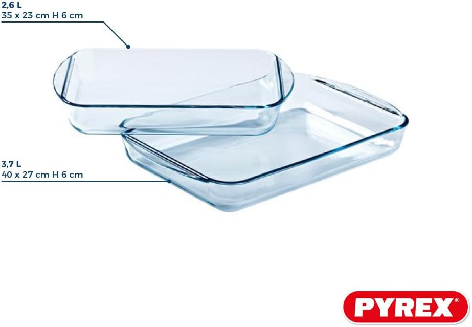 Pyrex® - Essentials Lasagneteller, rechteckig, aus Glas, 35 x 23 cm, 40 x 27 cm, 2 Stück