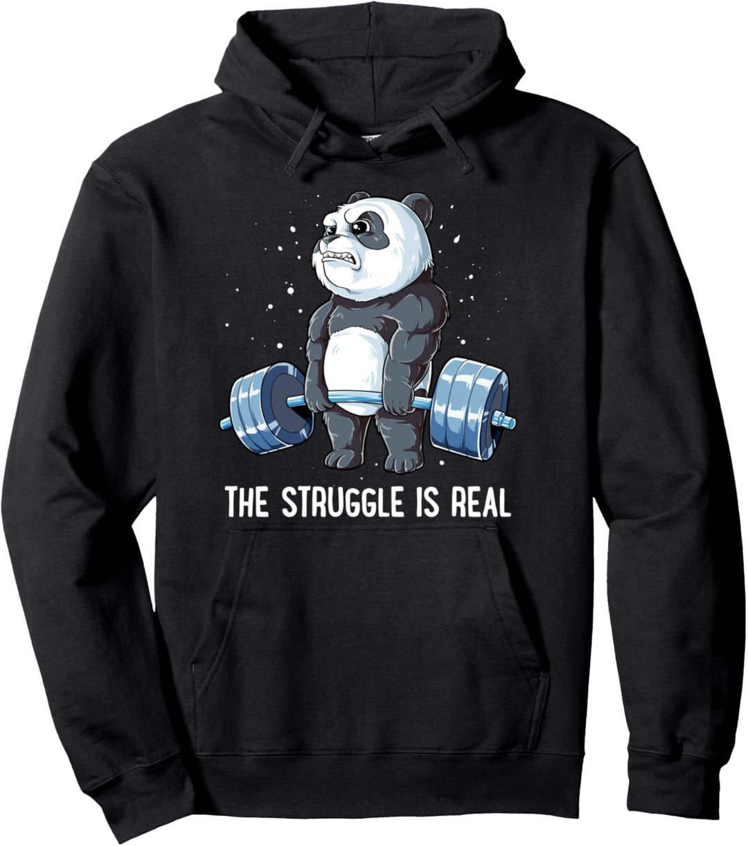 Panda The Struggle Is Real Weightlifting Fitness Gym Funny Pullover Hoodie