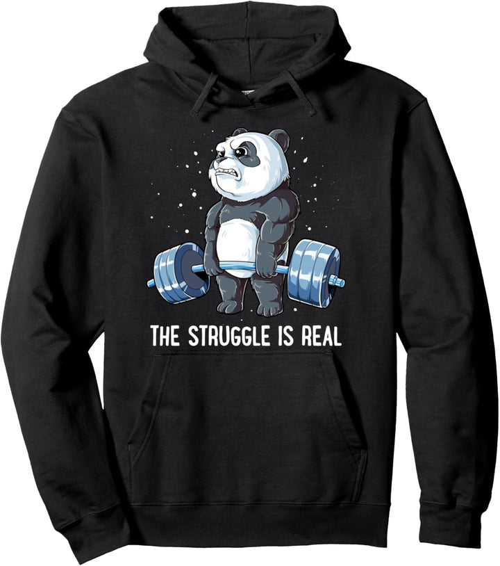 Panda The Struggle Is Real Weightlifting Fitness Gym Funny Pullover Hoodie