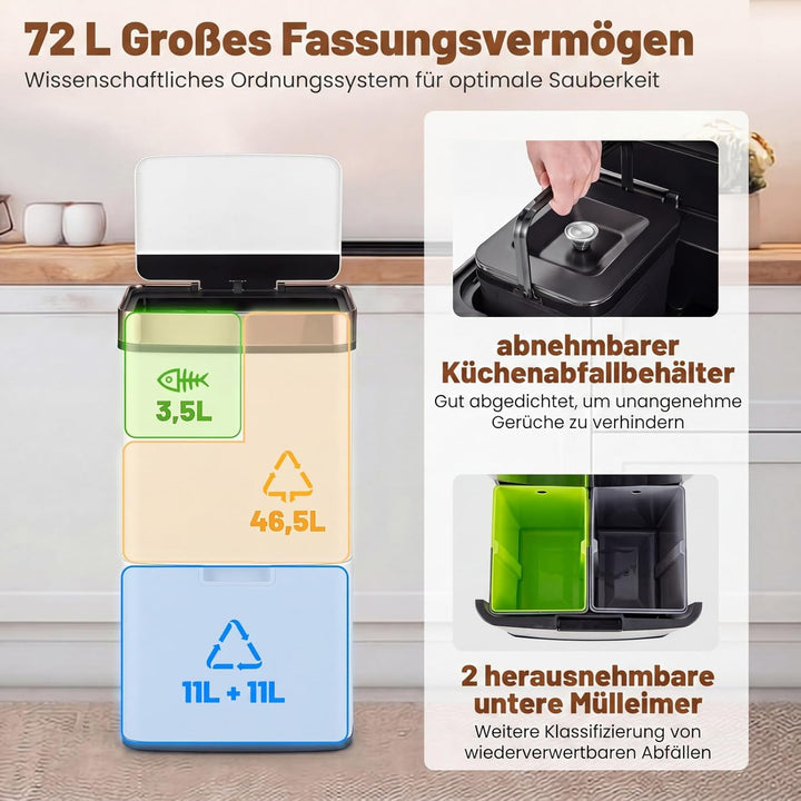 COSTWAY 72L Mülleimer 4 Fächer, elektrischer Abfalleimer mit Sensor, Mülltrennsystem 2 x 11L + 3,5L