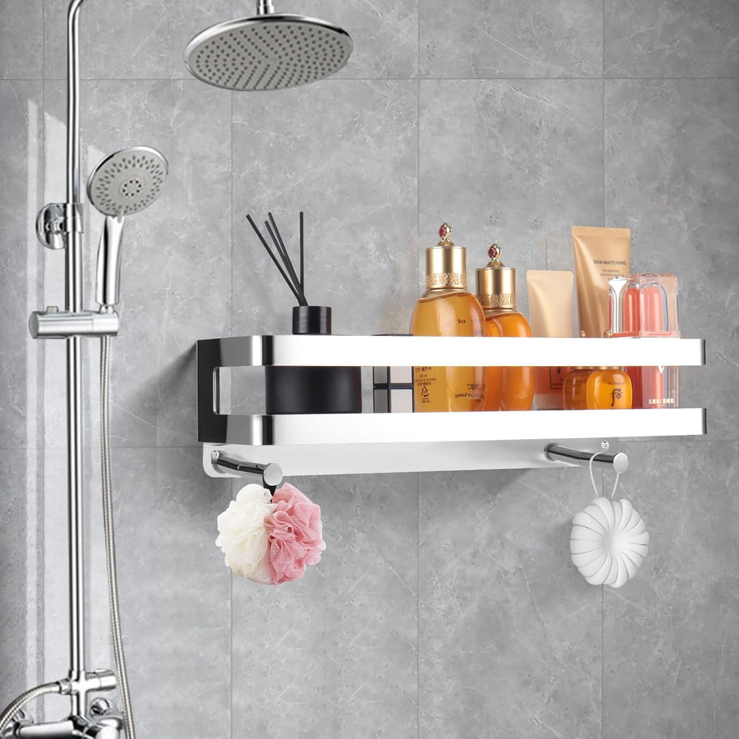 Duschablage Edelstahl Badezimmer Organizer, Duschregal mit Haken für Shampoo und Duschgel (Silber) (