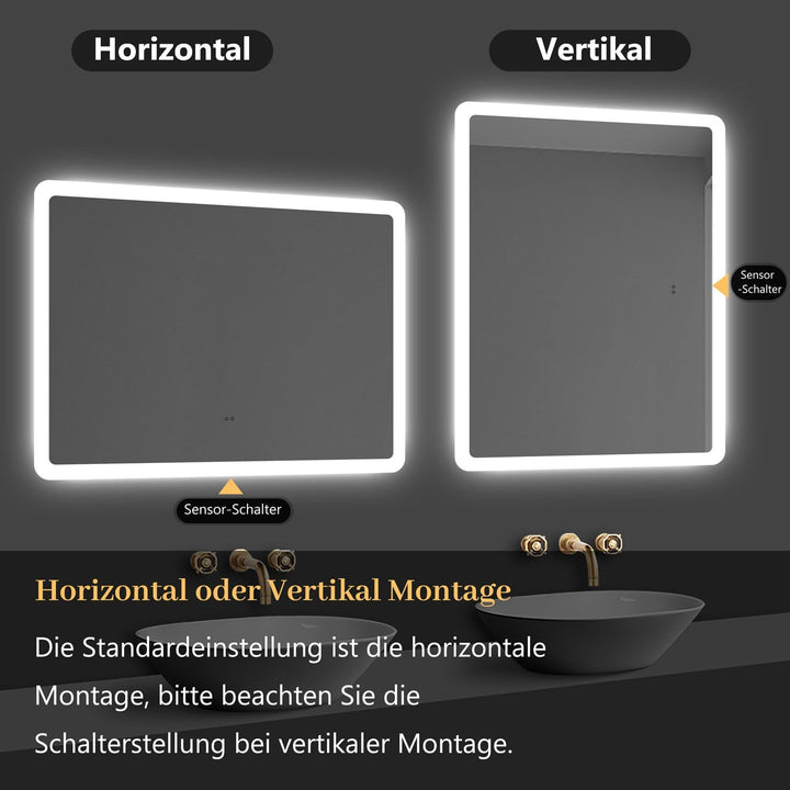 Badspiegel mit Sensor Schalter 80×60 cm Kalt/Neutral/Warmweiss, Beschlagfrei,dimmbar, Memory, eine S
