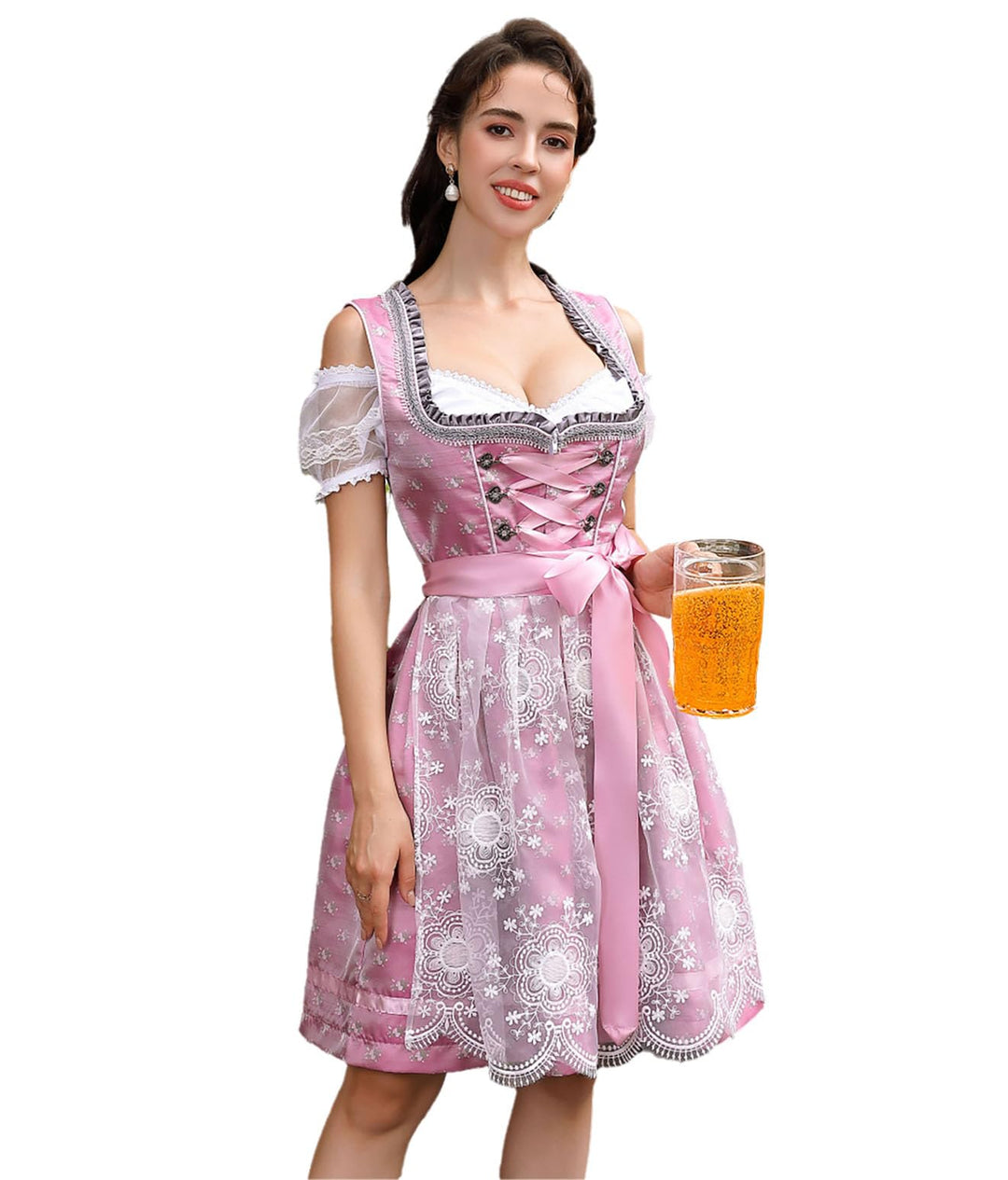 Clearlove Dirndl Damen Midi Trachtenkleid 3tlg mit Schürze und Bluse Trachtenmode Kleid für Oktoberf
