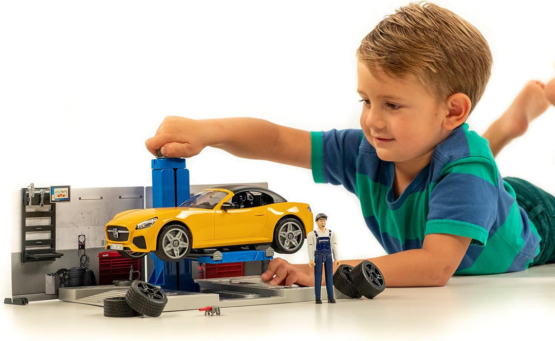 bruder 62110 - Bworld PKW-Werkstatt inklusive Roadster - 1:16 Auto-Werkstatt Mechaniker Spielzeug-Fi
