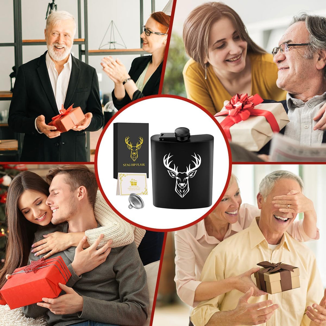 8oz/237ml Edelstahl Flachmann, Taschenflasche, mit Trichter und Grusskarte, Geschenkbox, Weisser Hir