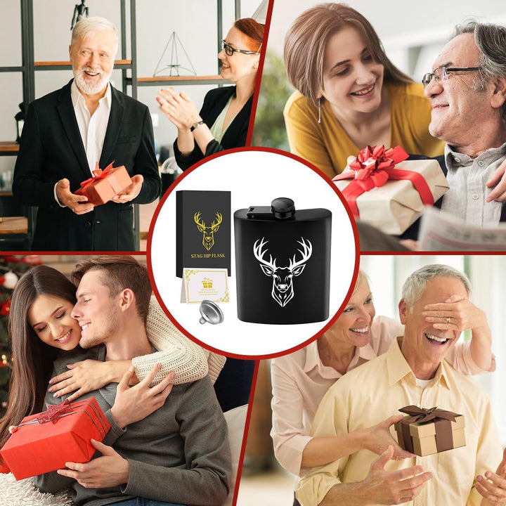 8oz/237ml Edelstahl Flachmann, Taschenflasche, mit Trichter und Grusskarte, Geschenkbox, Weisser Hir