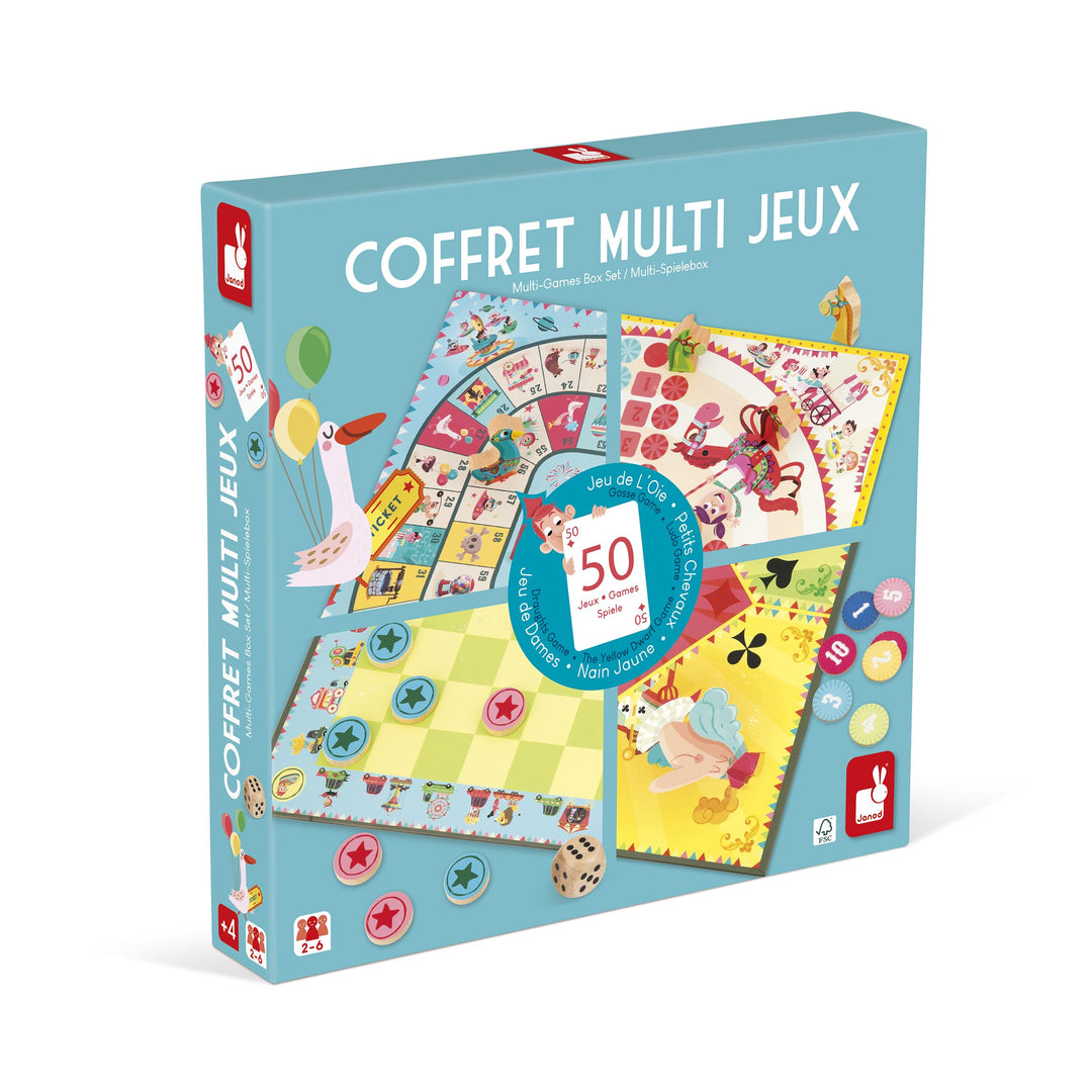 Janod - Carrousel Multi-Games Box Set - Classic Family Games - Draughts game, Ludo, Yellow Dwarf, 7