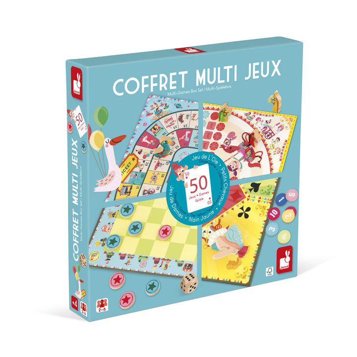 Janod - Carrousel Multi-Games Box Set - Classic Family Games - Draughts game, Ludo, Yellow Dwarf, 7
