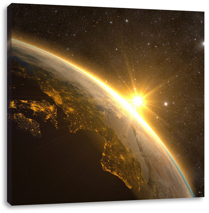 Pixxprint Die Sonne und Erde im Weltall als Leinwandbild Quadratisch/Grösse: 70x70 / Wandbild/Kunstd