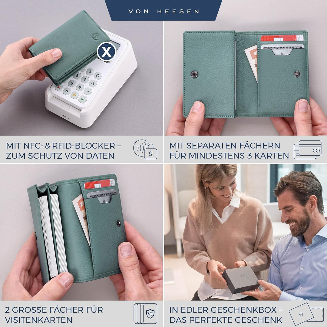 VON HEESEN® Visitenkartenetui Leder mit RFID-Schutz - Platz für 50 Visitenkarten - 6 Fächer - Visite