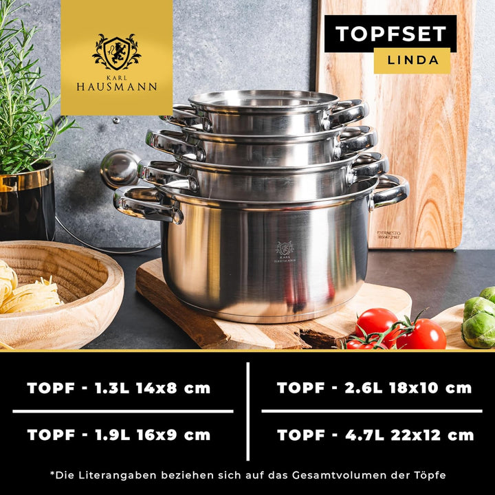 Topfset Induktion 5-teilig, Kochtopf Set mit Glasdeckel, Edelstahl mattiert, Induktions Töpfe Set un