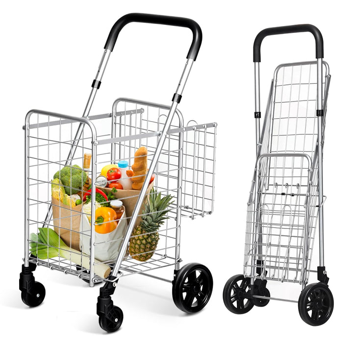 COSTWAY Klappbarer Einkaufstrolley, Einkaufswagen mit Universalrädern & Doppelkorb, 48L+10L, Tragbar