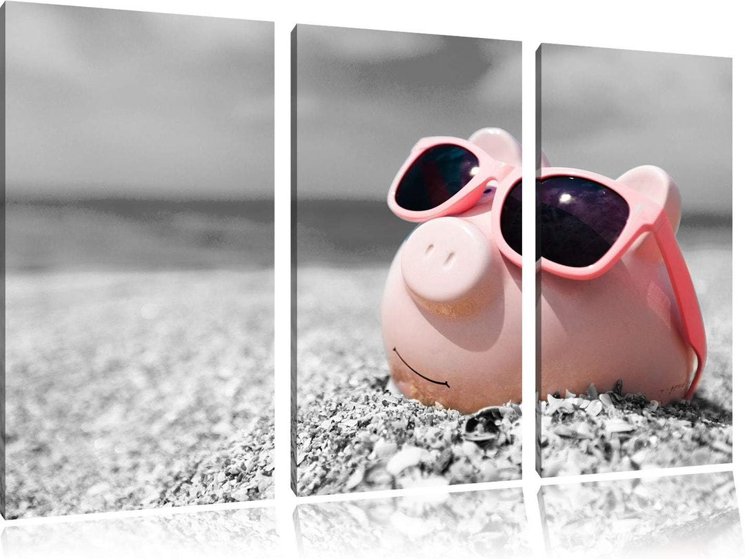 Cooles Sparschwein mit Sonnenbrille am Strand schwarz/weiss 3-Teiler Leinwandbild 120x80 Bild auf Le