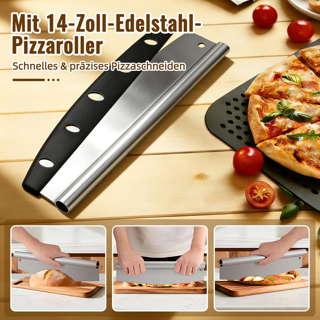 Pizzaschieber Perforiert 40 x 30 cm 12 Zoll mit Pizzamesser, Profi Pizzaschaufel Aluminium Set, 72.5