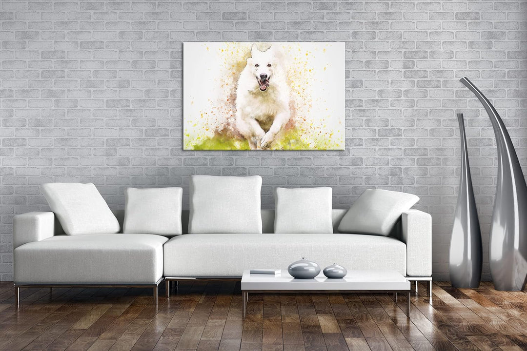 deyoli spielender Hund Format: 80x60 als Leinwandbild, Motiv fertig gerahmt auf Echtholzrahmen, Hoch
