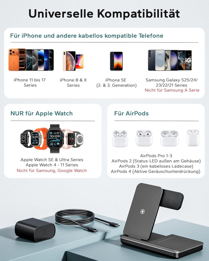 3 In 1 Ladestation für Apple Watch und iPhone, Faltbar 15W Schnelles Apple Ladestation Ladegerät für