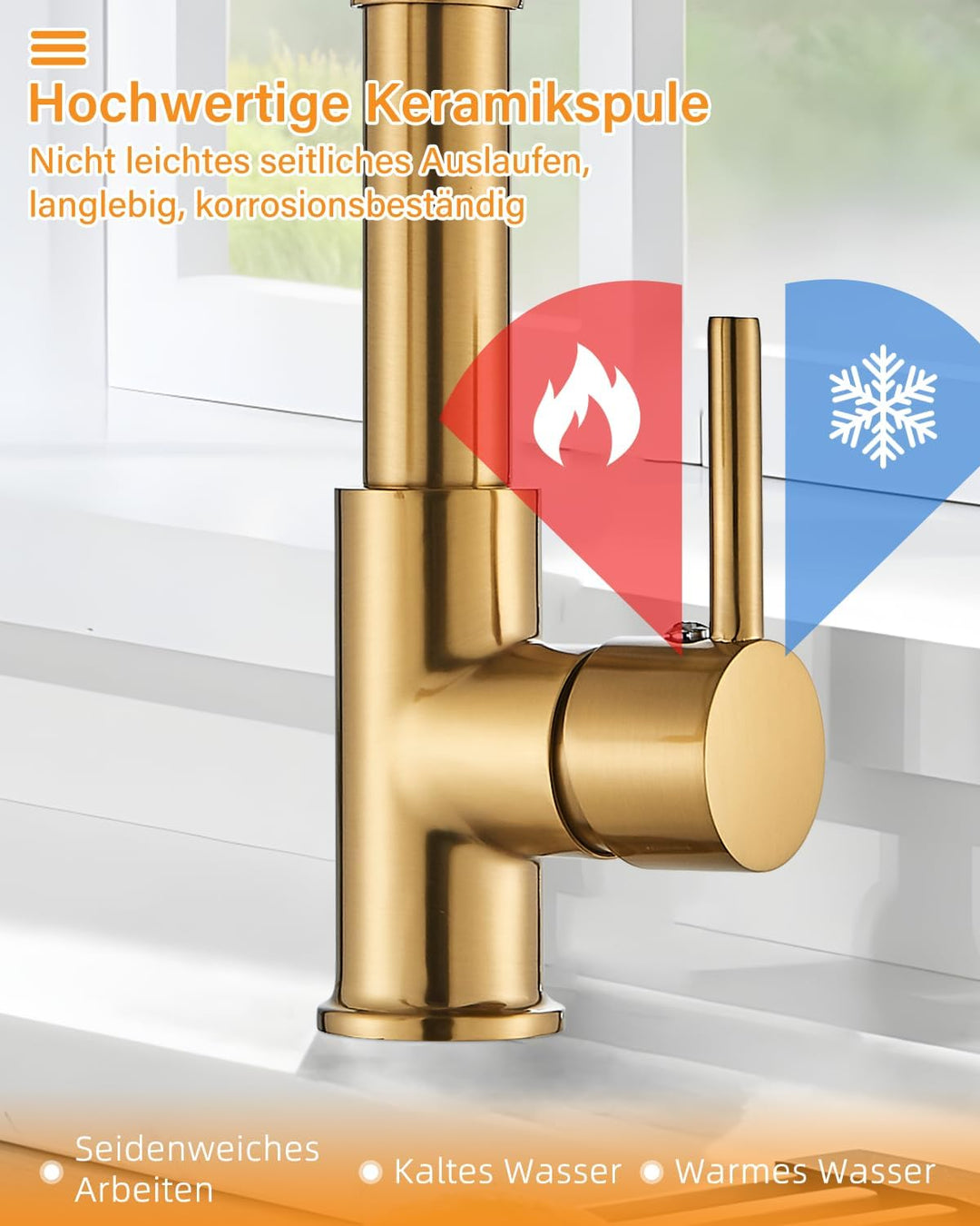 Hbronzeshower Wasserhahn Küche mit Brause ausziehbar, 360° Schwenkbar Küchenarmatur, Gold Einhebel S