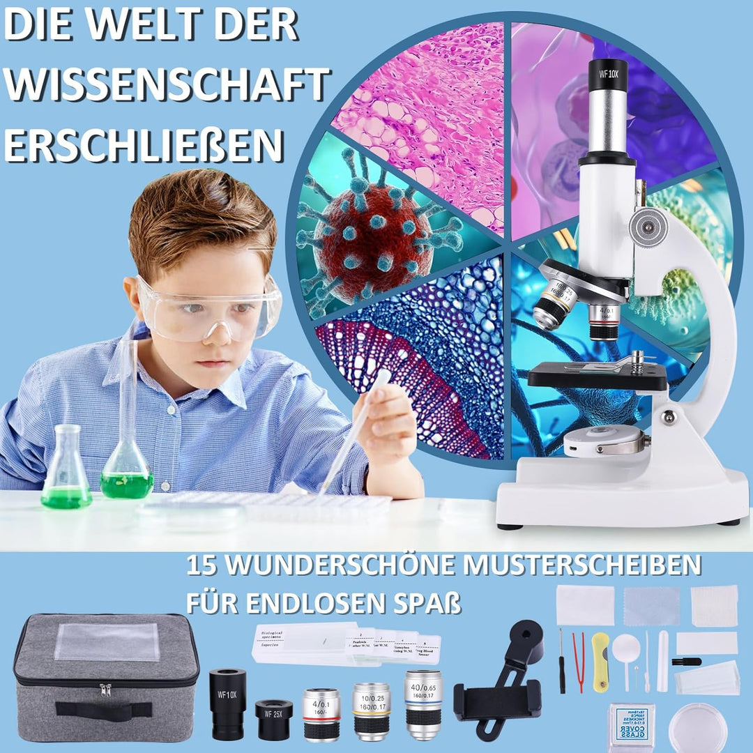Mikroskop für Kinder, 40 x 2000 x Verbundmikroskop, Handyadapter mit Mikroskop, Gleitmikroskop-Set f