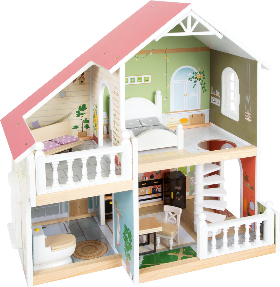 small foot Puppenhaus mit Dachterrasse aus Holz, mit offener Front und Zubehör, für Kinder ab 3 Jahr