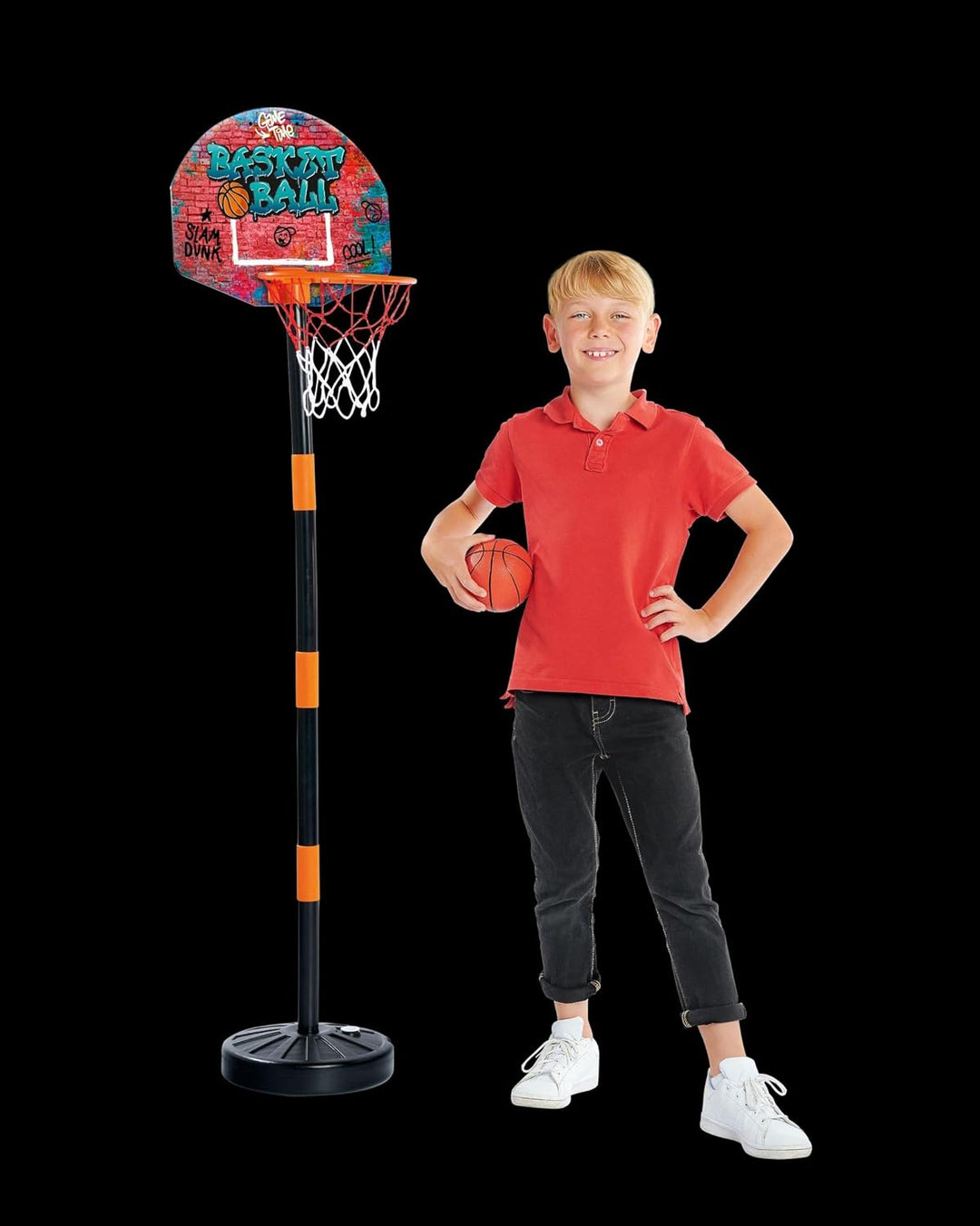 Simba 107407609 - Basketball Set mit Ständer, Brett 40x31cm, Korb mit Netz 24cm, Ball 16cm, höhenver