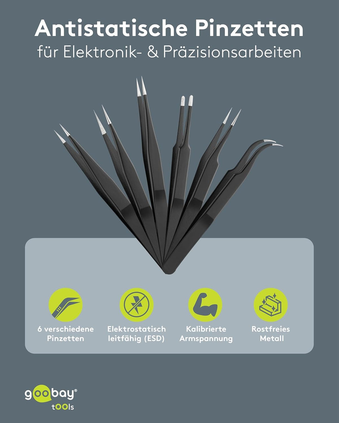 Goobay 41256 Pinzette Set mit rostfreien Flachpinzetten, Spitzpinzetten, Kreuzpinzetten plus Antista