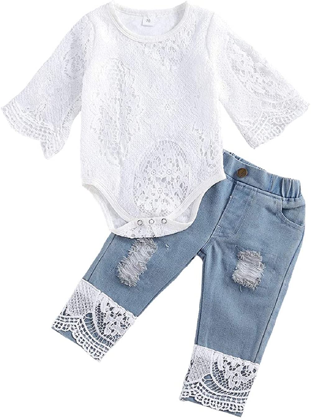 Juflam Kleinkind Kleinkind Baby Mädchen Kleidung Bestickte Spitze Strampler Zerrissene Jeans Denim H
