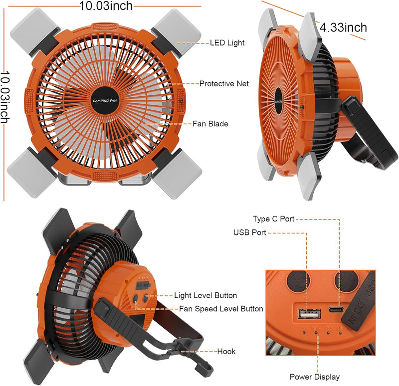 Qoosea Camping Ventilator 3 IN 1 8000mAh Campingventilator Leise mit LED Licht für Zelt USB Tischven