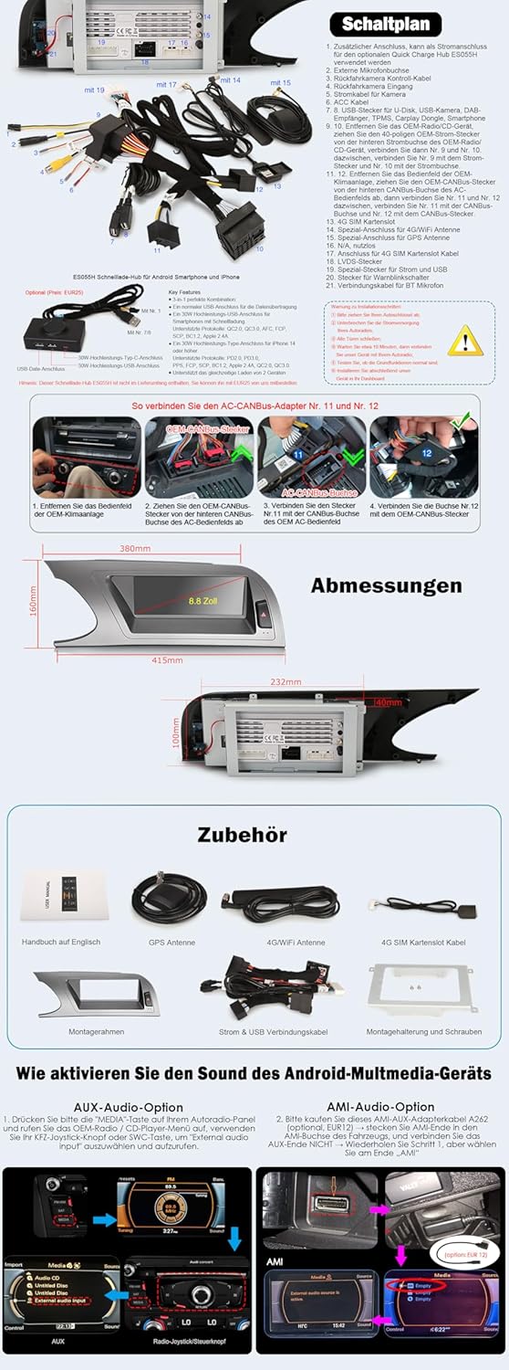 Erisin 8.8" 8-Kern 4GB+64GB Qualcomm Android 14 Autoradio für Audi A4 S4 RS4 2009-2012 Unterstützt O