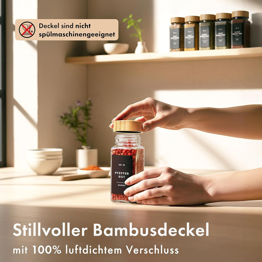 EDELHAUS® Gewürzgläser Eckig mit Bambus Holzdeckel (24 Stück) Gewürzdosen mit Streueinsatz und 240 E