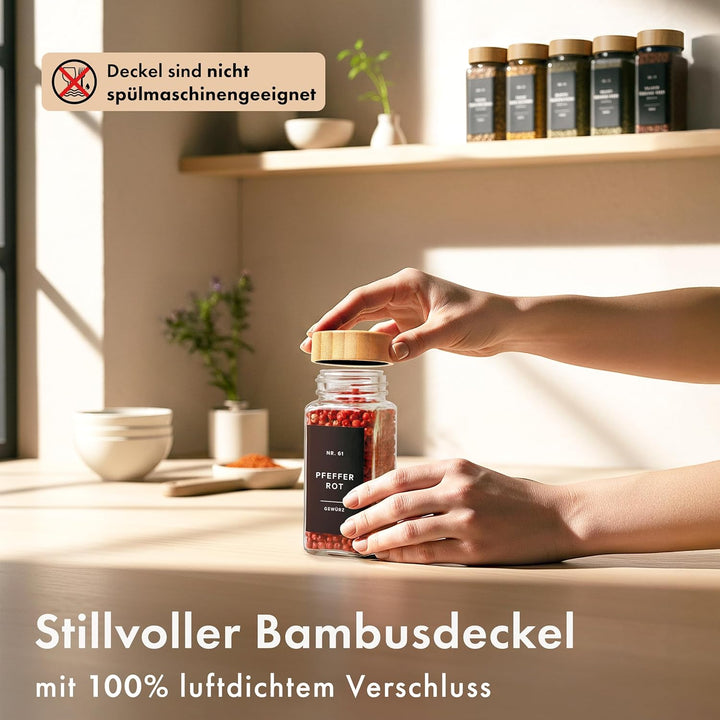 EDELHAUS® Gewürzgläser Eckig mit Bambus Holzdeckel (24 Stück) Gewürzdosen mit Streueinsatz und 240 E