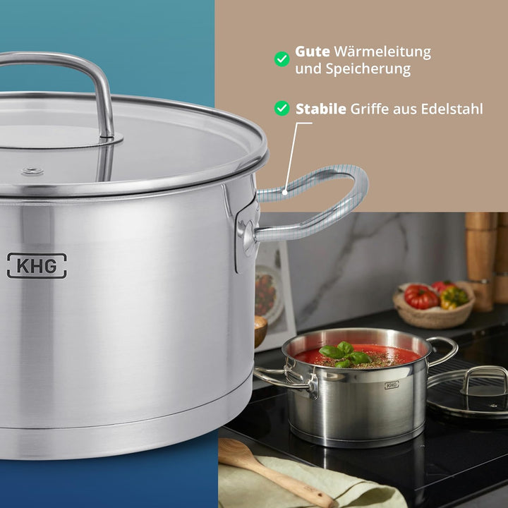 KHG Topf Kochtopf Fleischtopf 20 cm Induktion, Edelstahl unbeschichtet inkl. Glasdeckel | 11,5 cm ho