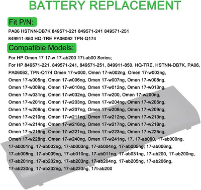 XITAIAN 11.1V 5663mAh 62Wh PA06 Ersatz Laptop Akku für HP Omen 17-w000 17-w200 17-ab000 17t-ab200 84