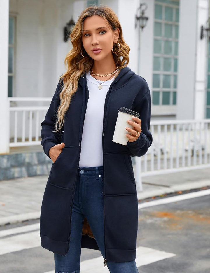 Nadeer Damen Mantel Plüschjacke mit Kapuze Lang Gefüttert Hoodies Plüsch Reissverschluss Mittellang