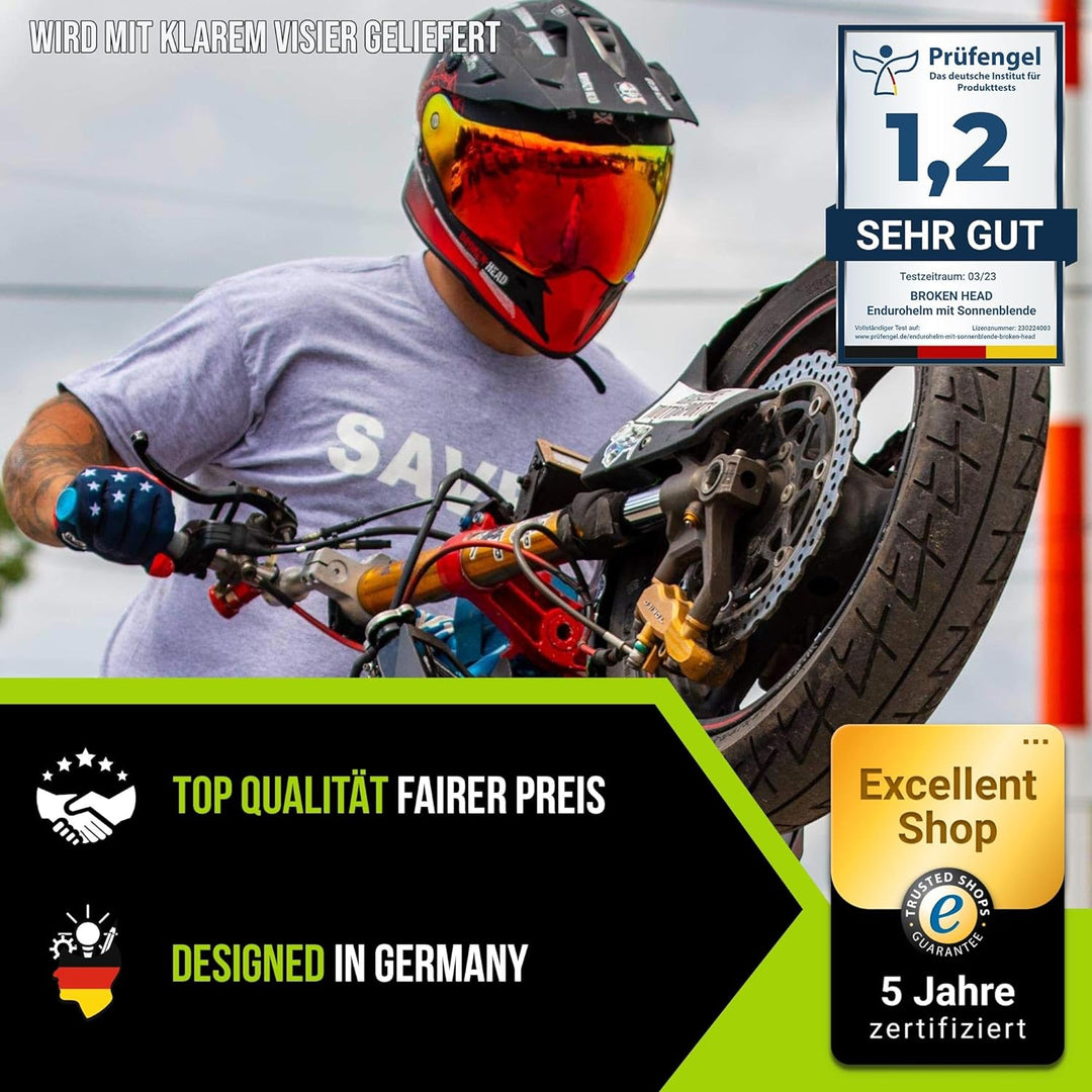 Broken Head Road Pirate VX2 Motorradhelm - Enduro Motocross-Helm - Cross-Helm mit Visier und Sonnenb