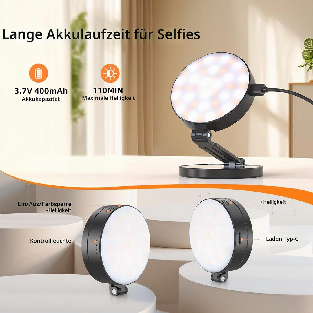 Magnetische Selfie-Licht, Handy-Licht kompatibel, 5 Level 2500K-6500K, CRI 95+, 360° LED Selfie Ring