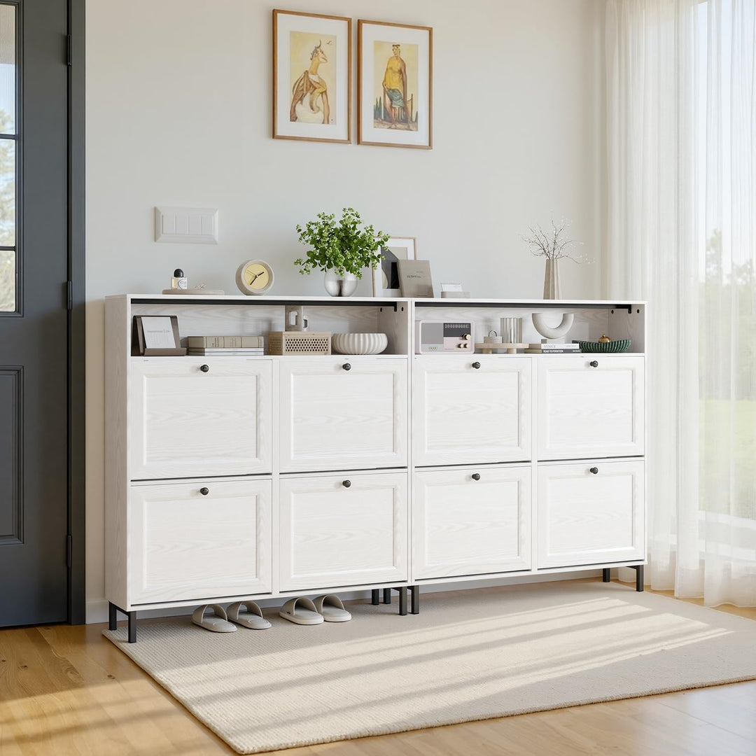 Schuhschrank mit 4 Klappen, Schuhablage Schuhschrank schmal Schuhregal mit offenen Ablagefächern, ve