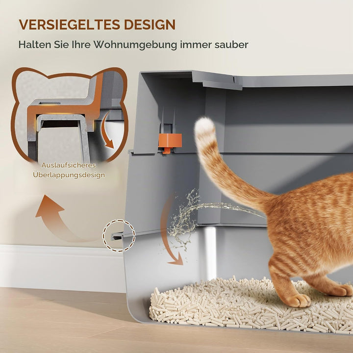 Edelstahl Katzenklo mit Deckel, XXXL Geschlossene Metall Katzentoilette, 70 x 50 x 45 cm, 105° Klapp